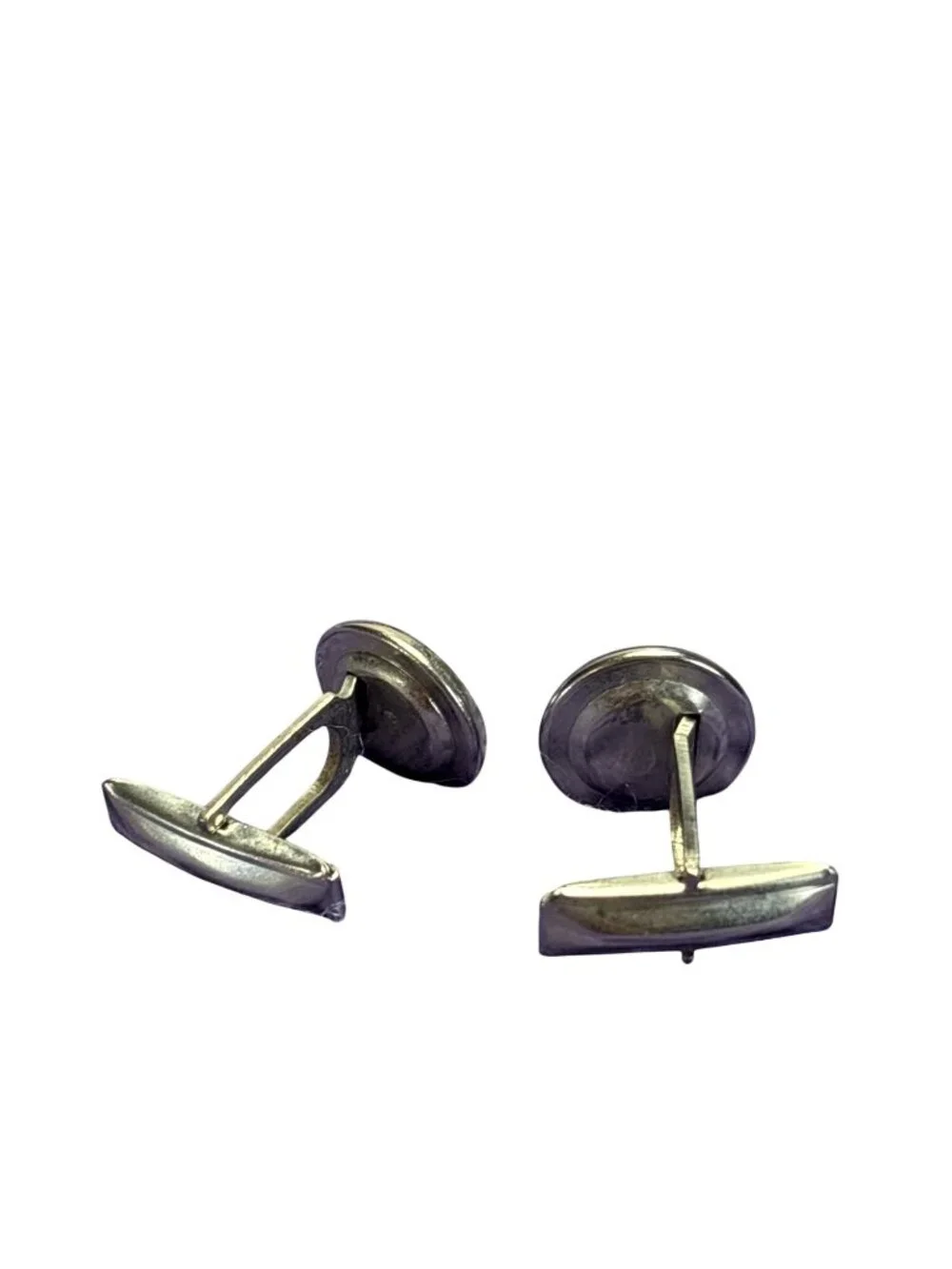 Vintage Grey Glass Circle Silvertone Cufflinks 5/8 inch